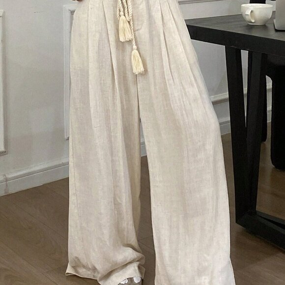 Apricot Casual Women's Pleated Waistband Drawstring Tassel Decor Pants - Picture 2 of 8